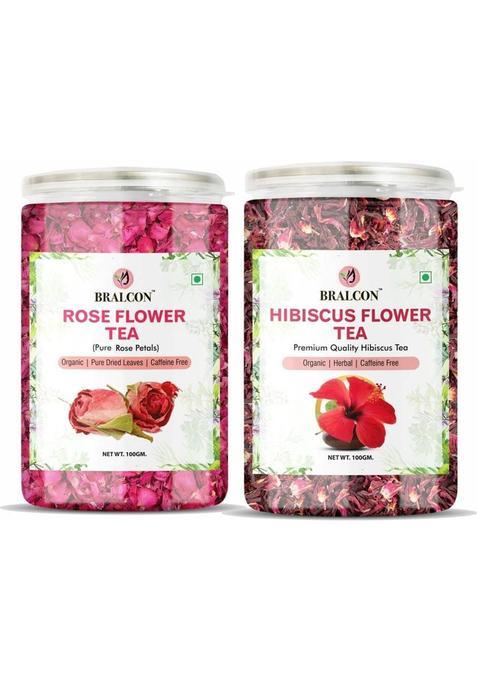 Bralcon Organic Hibiscus Flower Tea, Rose Flower Tea Combo Pack 100G Each | 100% Natural Rose, Hibiscus Herbal Tea Mason Jar&nbsp;&nbsp;(2 X 100 G)