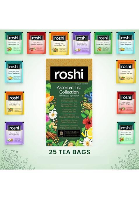 Roshi Assorted Tea Collection | Sampler Trial Pack With 6 Exotic Flavors | (25 Teabags) Assorted Green Tea Bags Box&nbsp;&nbsp;(25 Bags)