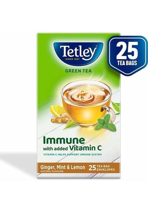 Tetley (25 Bags) Green Tea With Ginger,Mint And Lemon Natural Flavors With 5X Anti-Oxidants,Immunity Power Of Vitamin C Ginger, Mint, Lemon Green Tea Bags Box&nbsp;&nbsp;(25 Bags)