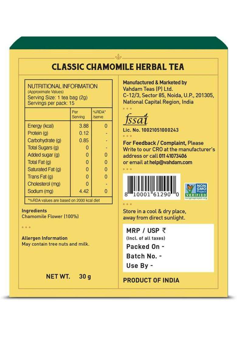 Vahdam Organic Classic Chamomile Herbal Tea Bags Box&nbsp;&nbsp;(15 Bags) - Indya