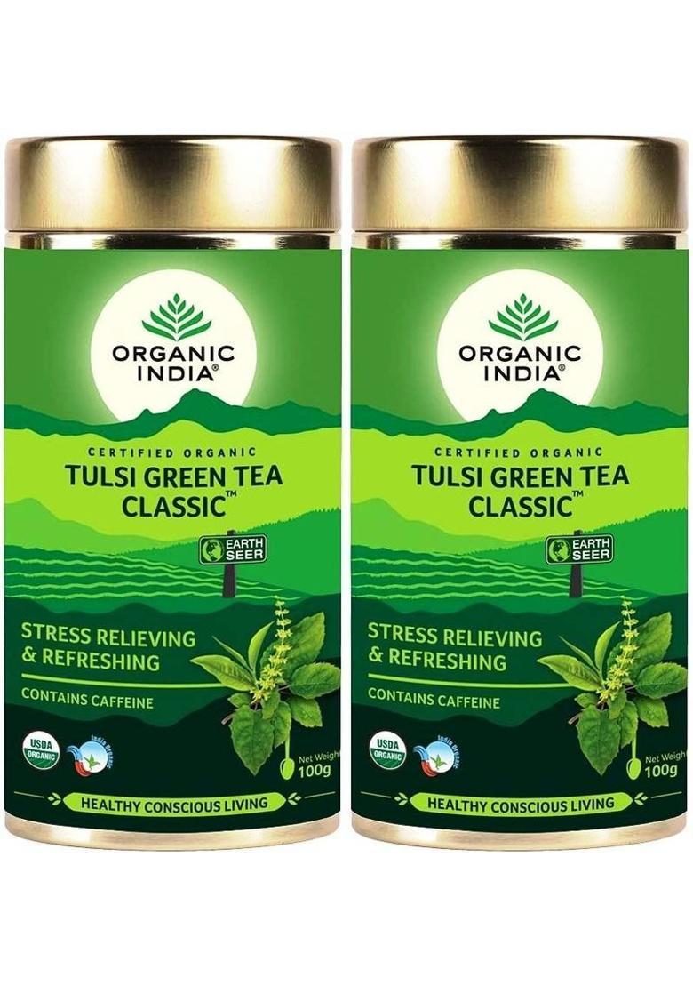 Organic India Tulsi Green Tea Classic (2 Pack, 100G Each) Tulsi Green Tea Tin (2 X 100 G)