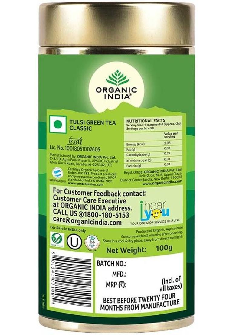 Organic India Tulsi Green Tea Classic (2 Pack, 100G Each) Tulsi Green Tea Tin (2 X 100 G)