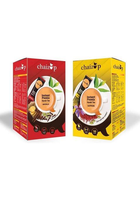 Chaizup Instant Masala & Saffron Premix Tea - Pack Of 2 X 10 Sachets Of Karak Ready To Drink Chai With Masala Or Saffron And Low Sugar, Hot Instant Tea Anytime Anywhere. Easy To Make Tea. Authentic India Tea. Tea With Aroma And Taste. Instant Tea Box&nbsp;&nbsp;(2 