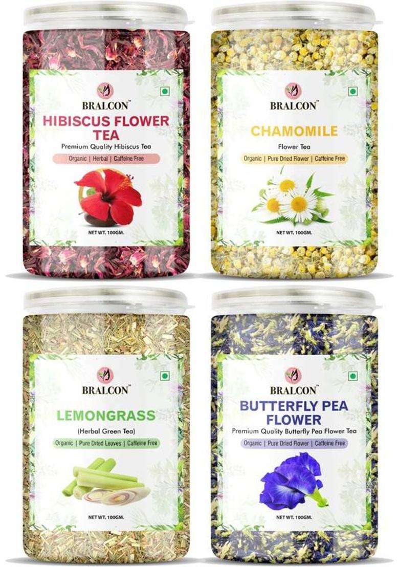 Bralcon Organic Hibiscus Tea, Butterfly Pea Flower Tea, Chamomile Tea, Lemongrass Tea | Herbal Tea Plastic Bottle&nbsp;&nbsp;(4 X 100 G) - Indya
