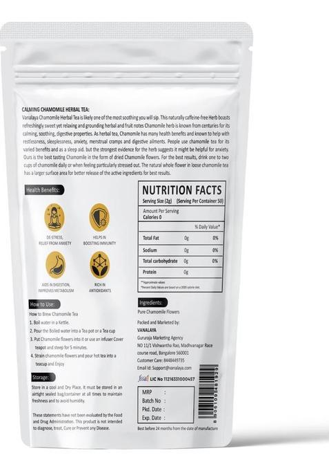 Vanalaya Chamomile Herbal Tea Made From Whole Dried Chamomile Flowers For Stress Relief And Good Sleep Chamomile Herbal Tea Pouch (100 G)