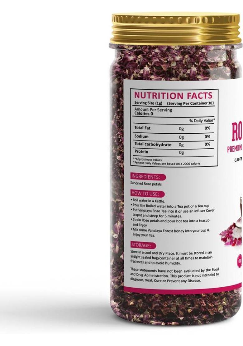 Vanalaya Rose Flower Tea Made From 100% Natural Rose Petals Sundried Rich In Antioxidants For Beautiful Skin Rose Herbal Tea Plastic Bottle (2 X 30 G)