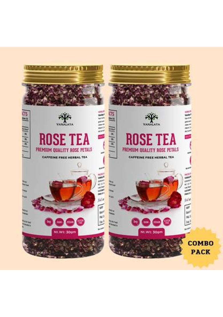 Vanalaya Rose Flower Tea Made From 100% Natural Rose Petals Sundried Rich In Antioxidants For Beautiful Skin Rose Herbal Tea Plastic Bottle (2 X 30 G)