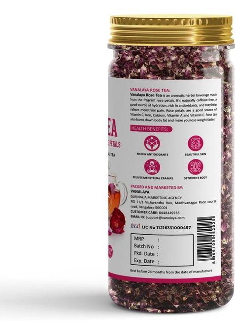 Vanalaya Rose Flower Tea Made From 100% Natural Rose Petals Sundried Rich In Antioxidants For Beautiful Skin Rose Herbal Tea Plastic Bottle (2 X 30 G)