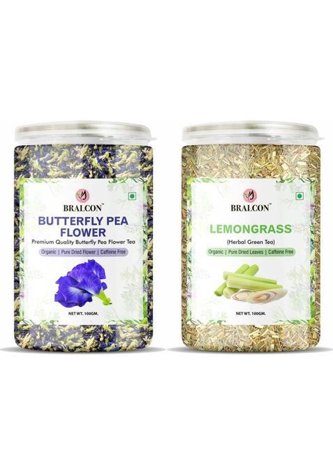 Bralcon Organic Butterfly Pea Flower Tea, Lemongrass Tea Combo Pack 100G Each| Herbal Tea Plastic Bottle&nbsp;&nbsp;(2 X 100 G)