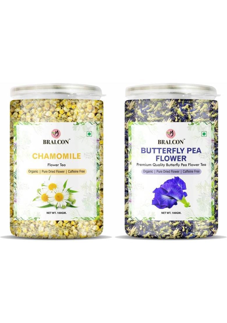 Bralcon Organic Butterfly Pea Flower Tea And Chamomile Flower Tea Combo Pack 100G Each| Herbal Tea Plastic Bottle (2 X 100 G)