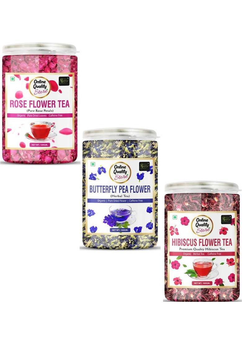 Online Quality Store Hibiscus Flower Tea, Butterfly Pea Flower Tea, Rose Flower Tea Combo-100G Each| Herbal Tea Plastic Bottle (3 X 100 G)