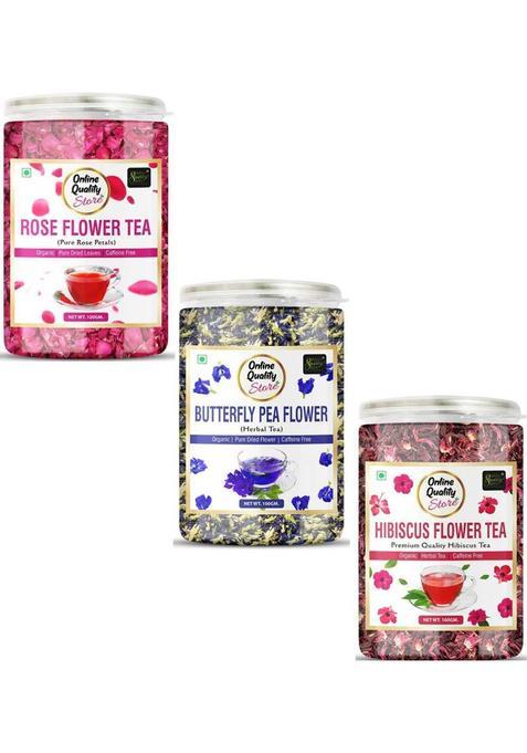 Online Quality Store Hibiscus Flower Tea, Butterfly Pea Flower Tea, Rose Flower Tea Combo-100G Each| Herbal Tea Plastic Bottle&nbsp;&nbsp;(3 X 100 G)