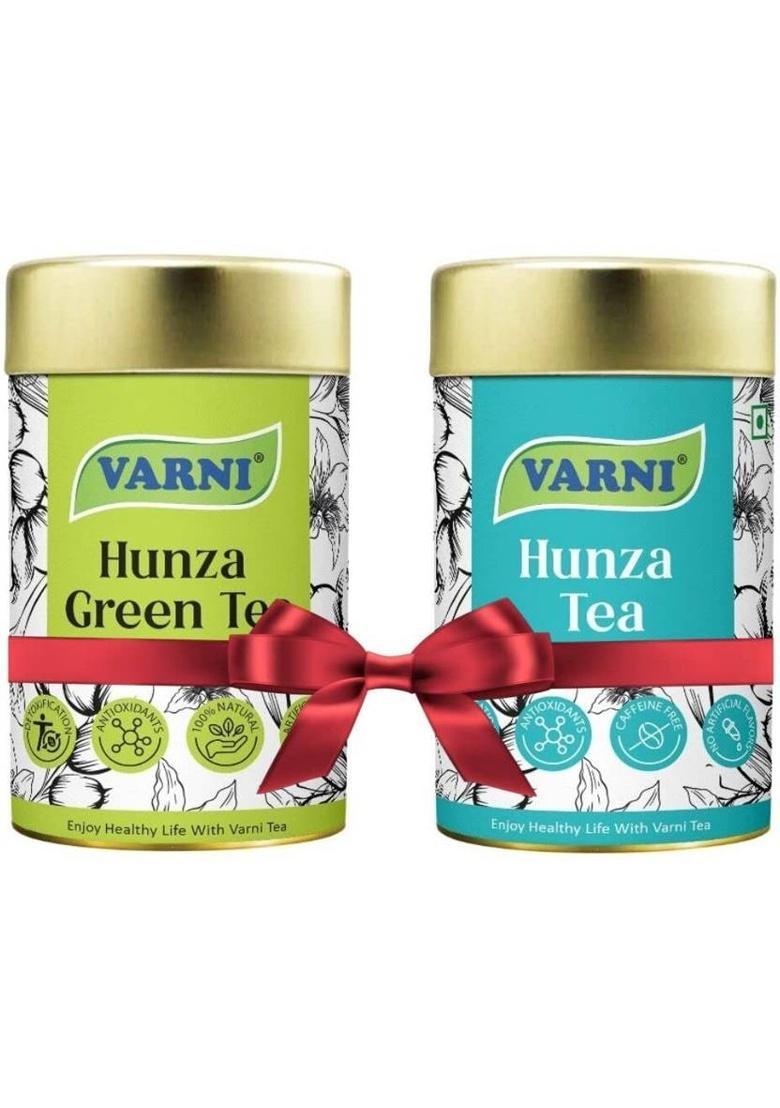 Varni Hunza Herbal Tea-An Energetic Drink For Good Health & Longevity (Green & Hunza) Cardamom, Spices, Herbs, Cinnamon Herbal Tea Tin (2 X 50 G)