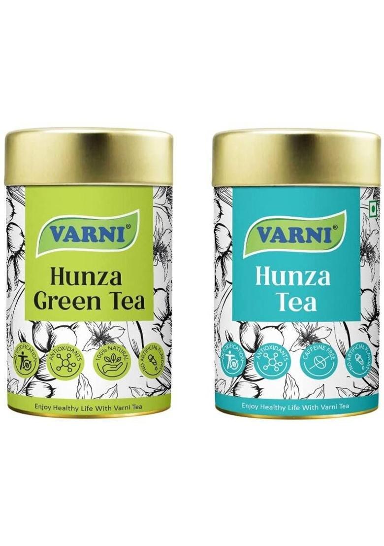 Varni Hunza Herbal Tea-An Energetic Drink For Good Health & Longevity (Green & Hunza) Cardamom, Spices, Herbs, Cinnamon Herbal Tea Tin (2 X 50 G)