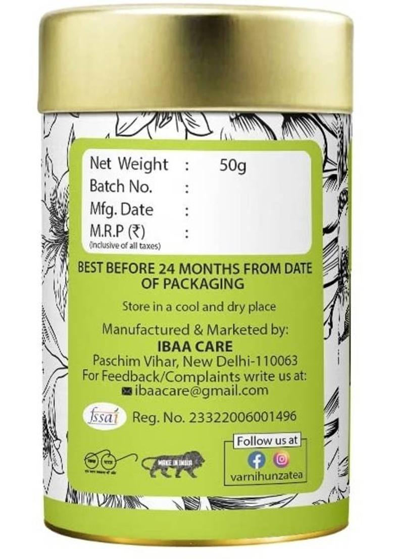 Varni Hunza Herbal Tea-An Energetic Drink For Good Health & Longevity (Green & Hunza) Cardamom, Spices, Herbs, Cinnamon Herbal Tea Tin (2 X 50 G)