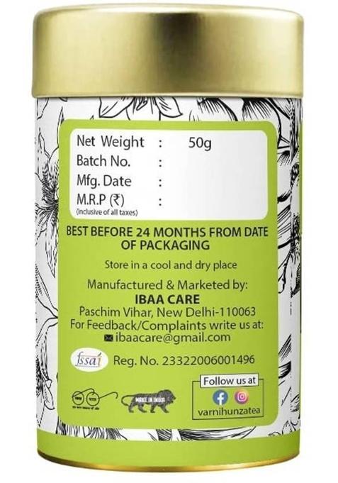 Varni Hunza Herbal Tea-An Energetic Drink For Good Health & Longevity (Green & Hunza) Cardamom, Spices, Herbs, Cinnamon Herbal Tea Tin (2 X 50 G)