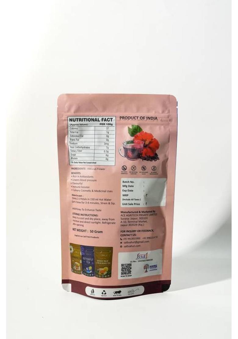 Sattvahut Hibiscus Herbal Tea|Skin Glow Enhancing Flower | 50G For 50 Cups|Herbal Wellness Hibiscus Herbal Tea Pouch (50 G)