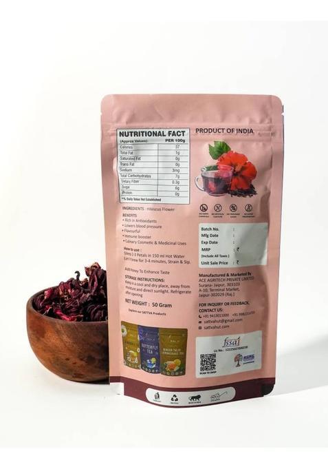 Sattvahut Hibiscus Herbal Tea|Skin Glow Enhancing Flower | 50G For 50 Cups|Herbal Wellness Hibiscus Herbal Tea Pouch (50 G)