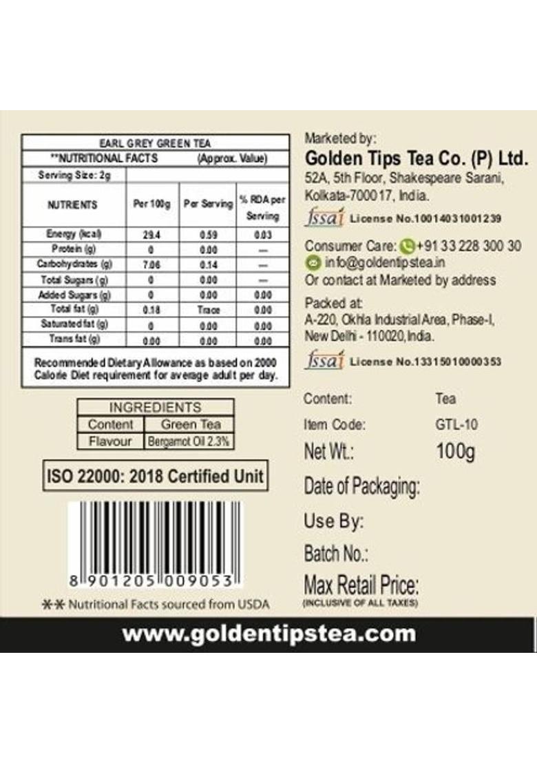 Golden Tips Premium Darjeeling Full Loose Leaves Earl Grey Bergamot Orange Green Tea Tin (100 G)