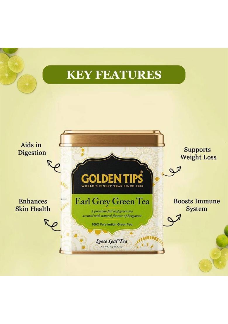 Golden Tips Premium Darjeeling Full Loose Leaves Earl Grey Bergamot Orange Green Tea Tin (100 G)