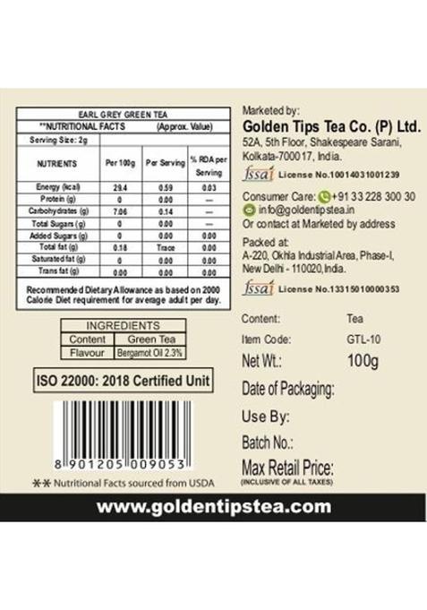 Golden Tips Premium Darjeeling Full Loose Leaves Earl Grey Bergamot Orange Green Tea Tin (100 G)