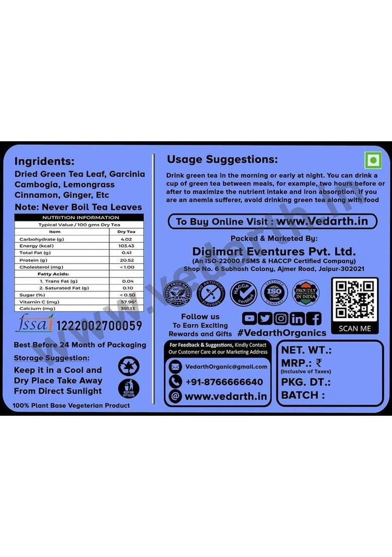 Vedarth Organics Weight Loss Green Tea (Whole Dried Leafs) Fat Burner- 50 Cups Green Tea Plastic Bottle (125 G)