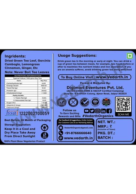 Vedarth Organics Weight Loss Green Tea (Whole Dried Leafs) Fat Burner- 50 Cups Green Tea Plastic Bottle (125 G)