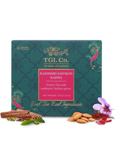 Tgl Co. Kashmiri Kahwa 16 | Enhance Digestion Cardamom, Cloves, Rose, Almond, Saffron, Cinnamon Green Tea Box (32 G)