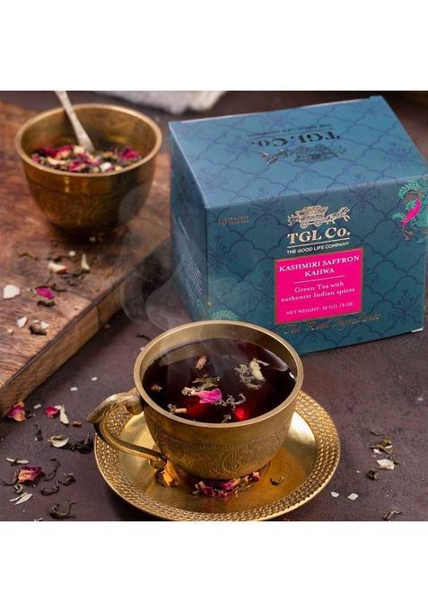Tgl Co. Kashmiri Kahwa 16 | Enhance Digestion Cardamom, Cloves, Rose, Almond, Saffron, Cinnamon Green Tea Box (32 G)