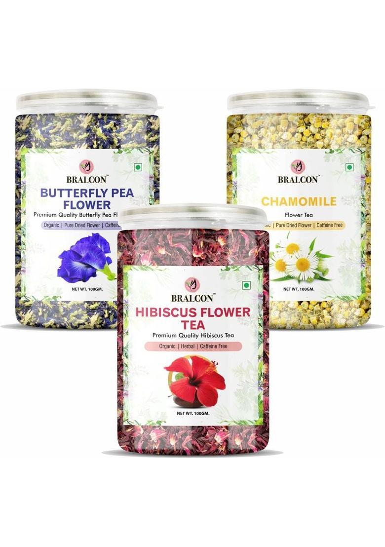 Bralcon Butterfly Pea Flower Tea, Hibiscus Flower Tea, Chamomile Flower Tea- 100G Each | Herbal Tea Plastic Bottle (3 X 100 G)