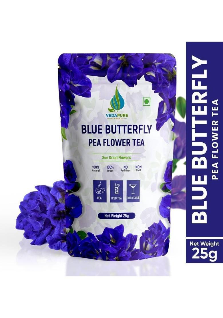 Vedapure Naturals Blue Butterfly Pea Flower Tea | Sundried, Antioxidant & Caffeine Free | Exotic Herbs Tea Pouch (25 G)