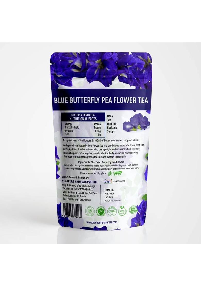 Vedapure Naturals Blue Butterfly Pea Flower Tea | Sundried, Antioxidant & Caffeine Free | Exotic Herbs Tea Pouch (25 G)