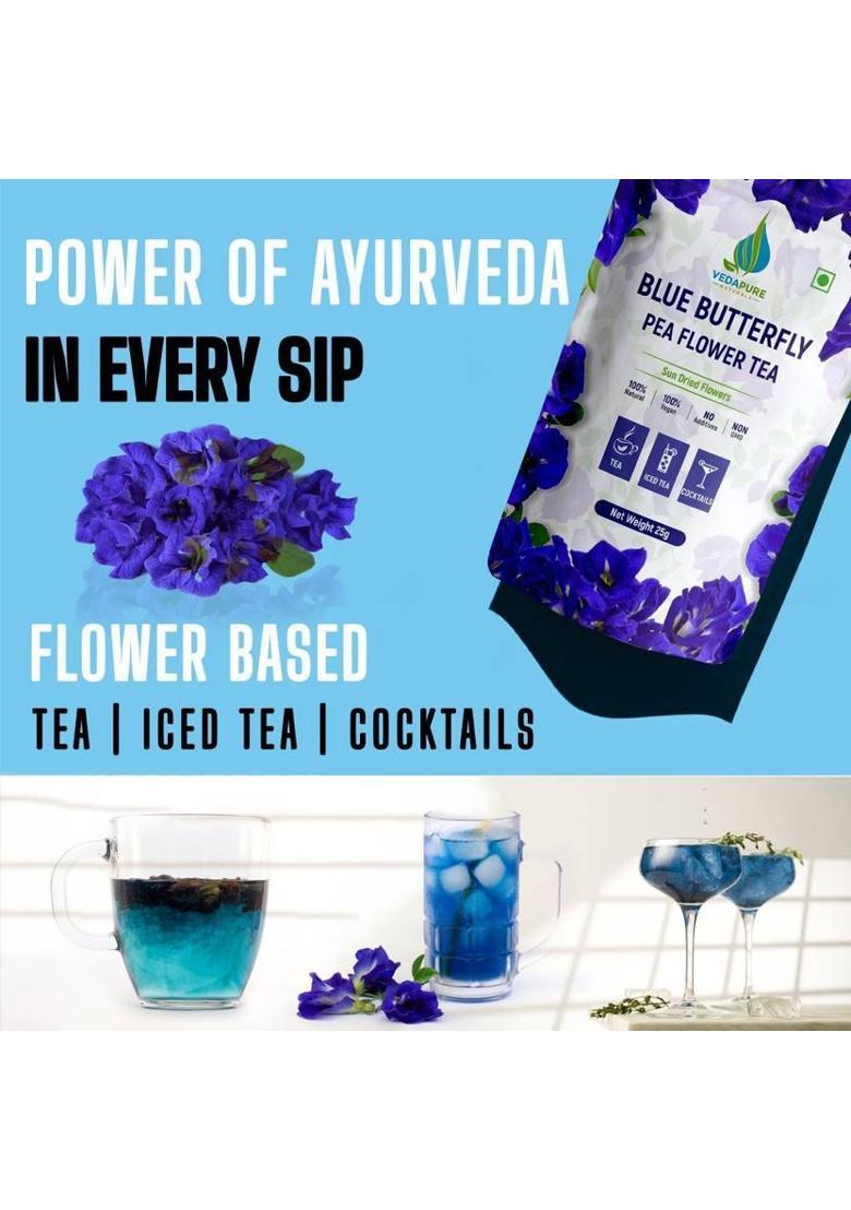 Vedapure Naturals Blue Butterfly Pea Flower Tea | Sundried, Antioxidant & Caffeine Free | Exotic Herbs Tea Pouch (25 G)