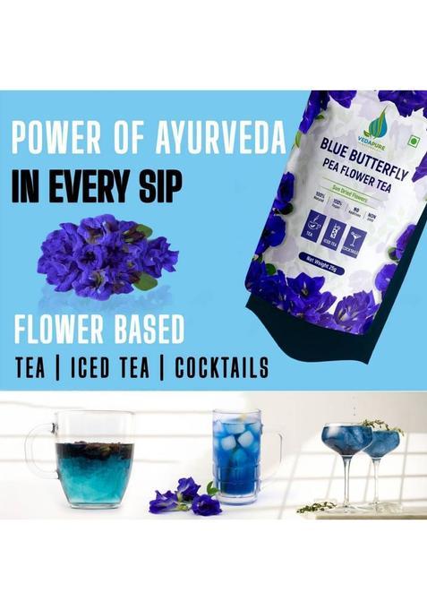 Vedapure Naturals Blue Butterfly Pea Flower Tea | Sundried, Antioxidant & Caffeine Free | Exotic Herbs Tea Pouch (25 G)