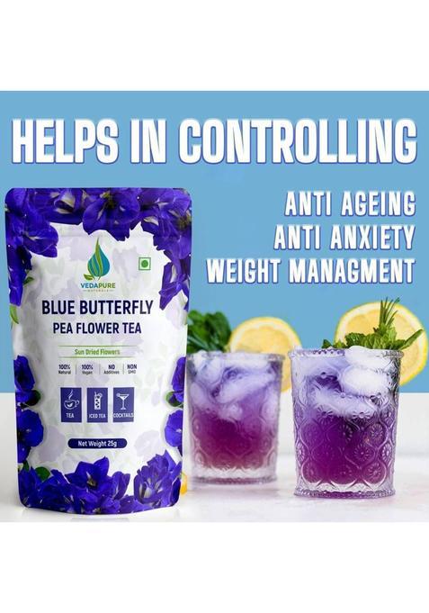 Vedapure Naturals Blue Butterfly Pea Flower Tea | Sundried, Antioxidant & Caffeine Free | Exotic Herbs Tea Pouch (25 G)