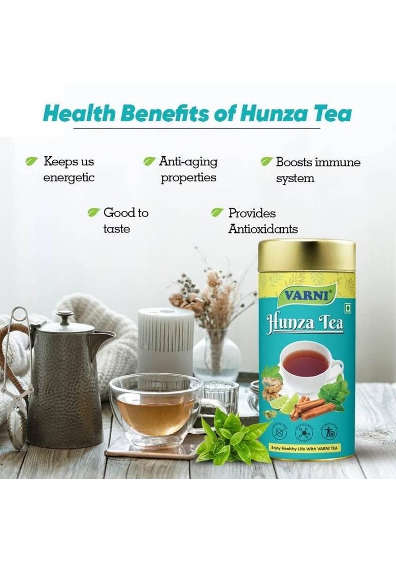 Varni Hunza 100% Natural Herbal Tea|Energetic Drink For Good Health & Longevity Cardamom, Spices, Herbs, Cinnamon, Ginger, Tulsi Herbal Tea Tin (100 G)