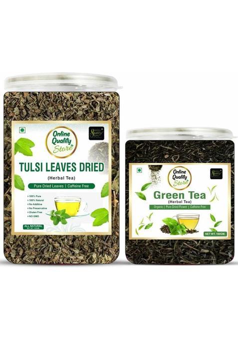Online Quality Store Combo Of Tulsi Leaves Tea (100G) + Green Tea (100G) | Green Tea Plastic Bottle (2 X 100 G)