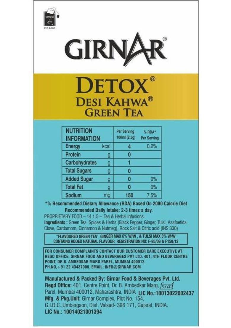Girnar Food Beverages Detox Green Tea Desi Kahwa Cardamom, Ginger, Cinnamon Green Tea Bags Box (90.1 G)
