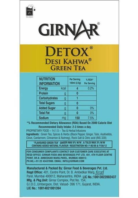 Girnar Food Beverages Detox Green Tea Desi Kahwa Cardamom, Ginger, Cinnamon Green Tea Bags Box (90.1 G)