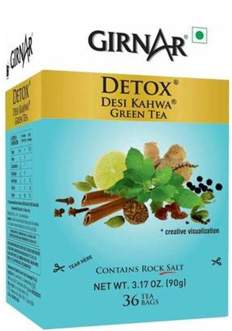 Girnar Food Beverages Detox Green Tea Desi Kahwa Cardamom, Ginger, Cinnamon Green Tea Bags Box (90.1 G)