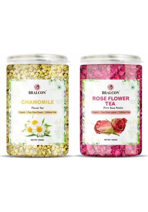 Bralcon Organic Rose Flower Tea And Chamomile Flower Tea Combo Pack 100G Each| Chamomile, Rose Herbal Tea Plastic Bottle&nbsp;&nbsp;(2 X 100 G)