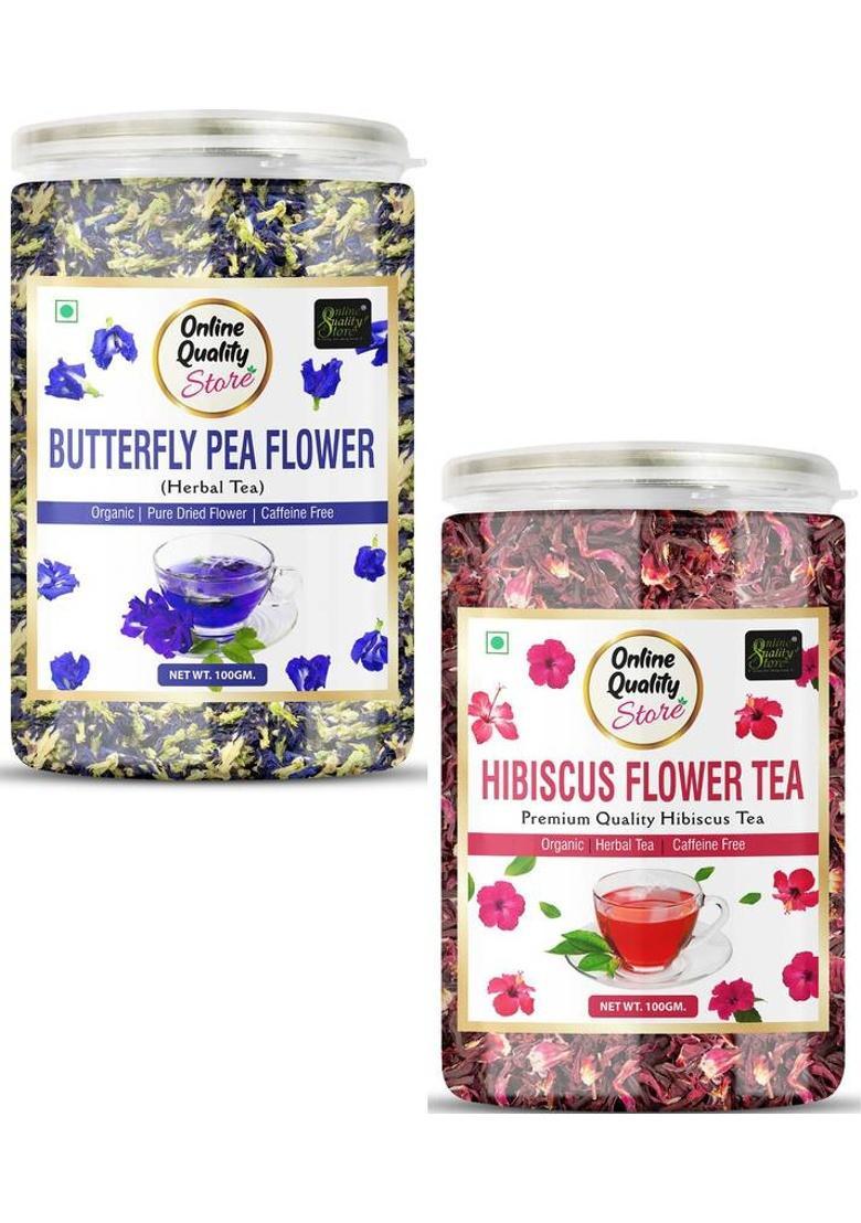 Online Quality Store Organic Hibiscus Flower Tea-100G & Butterfly Pea Flower Tea- 100G |Herbal Tea Hibiscus Herbal Tea Mason Jar (2 X 100 G)