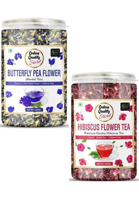 Online Quality Store Organic Hibiscus Flower Tea-100G & Butterfly Pea Flower Tea- 100G |Herbal Tea Hibiscus Herbal Tea Mason Jar&nbsp;&nbsp;(2 X 100 G)