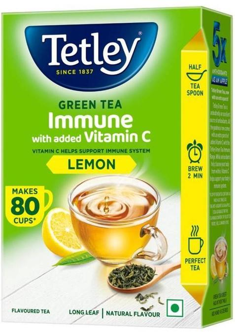 Tetley Green Tea Long Leaf Immune, With Added Vitamin C Lemon Green Tea Box (100 G)