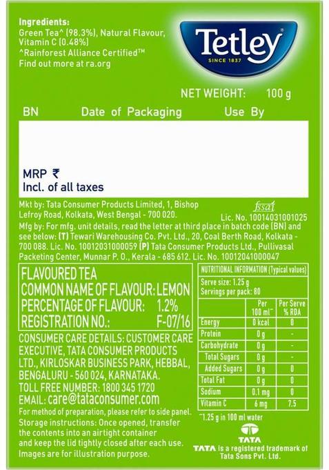 Tetley Green Tea Long Leaf Immune, With Added Vitamin C Lemon Green Tea Box (100 G)