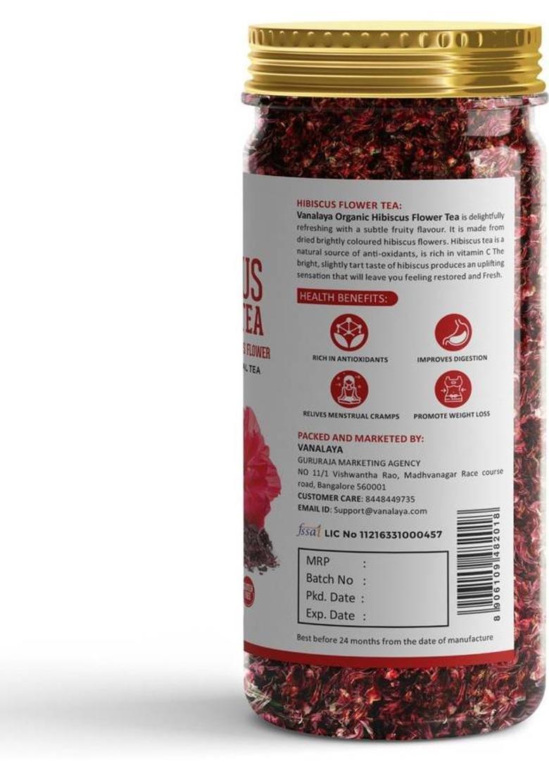 Vanalaya Organic Hibiscus Flower Tea From Sun Dried Hibiscus Petals For Weight Loss, Reduce Stress And Blood Pressure Herbal Tea Plastic Bottle (2 X 50 G)