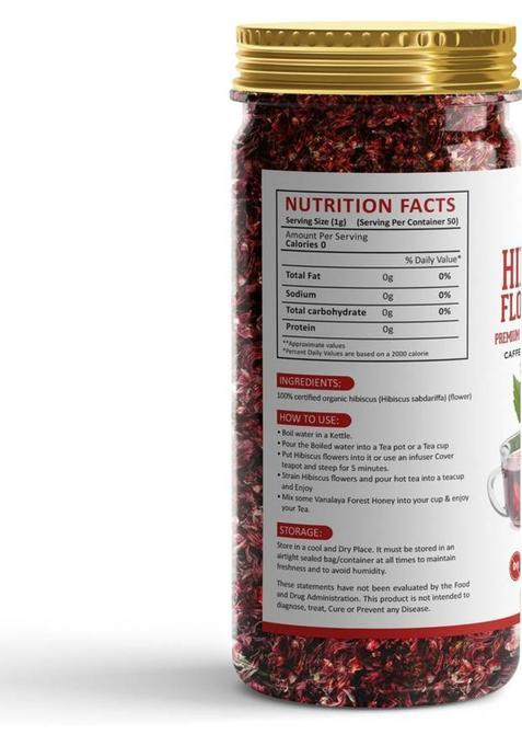 Vanalaya Organic Hibiscus Flower Tea From Sun Dried Hibiscus Petals For Weight Loss, Reduce Stress And Blood Pressure Herbal Tea Plastic Bottle (2 X 50 G)
