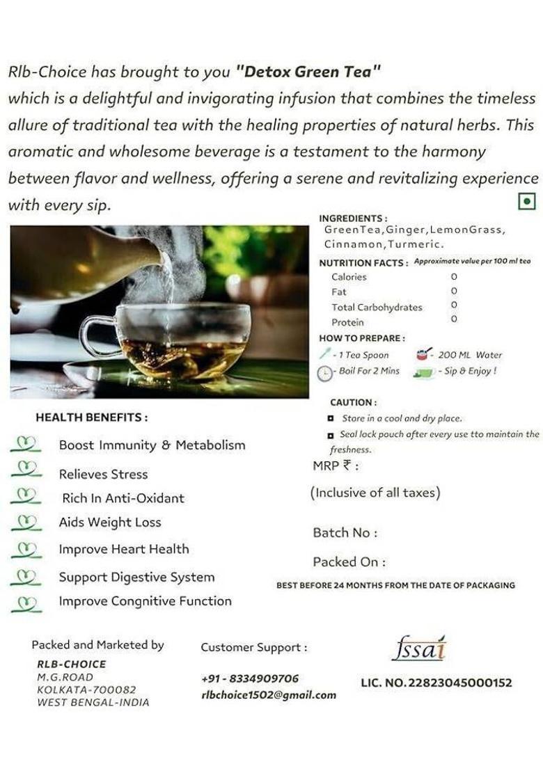 Rlb-Choice Detox Loose Leaves Green Tea For Weight Loss,Better Digestion,Boost Immunity Ginger, Turmeric, Cinnamon Green Tea Pouch (80 G)