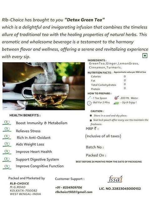 Rlb-Choice Detox Loose Leaves Green Tea For Weight Loss,Better Digestion,Boost Immunity Ginger, Turmeric, Cinnamon Green Tea Pouch (80 G)