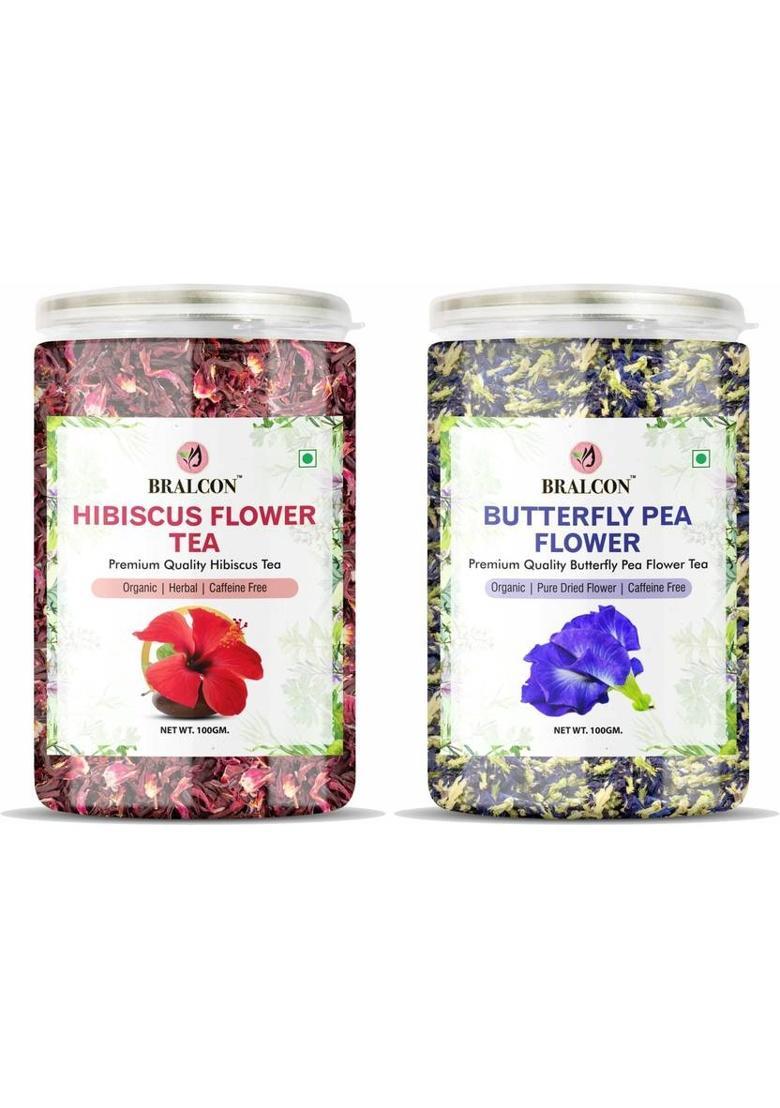 Bralcon Organic Hibiscus Flower Tea And Butterfly Pea Flower Tea Combo Pack 100G Each | Herbal Tea Plastic Bottle (2 X 100 G)